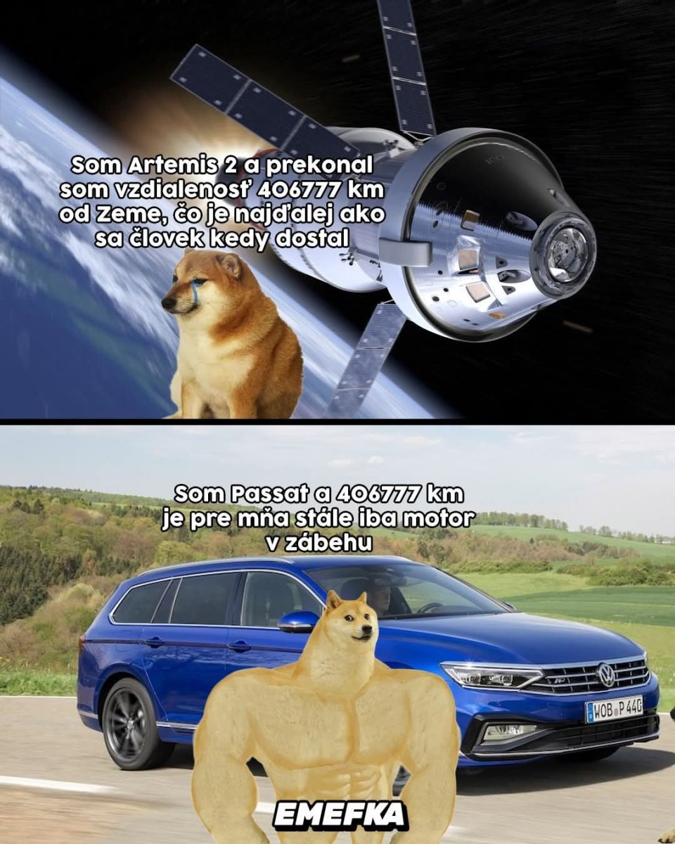 Meme s Artemis 2 a Passatom: porovnanie cestovania so psom Doge ako postava v oboch scénach.