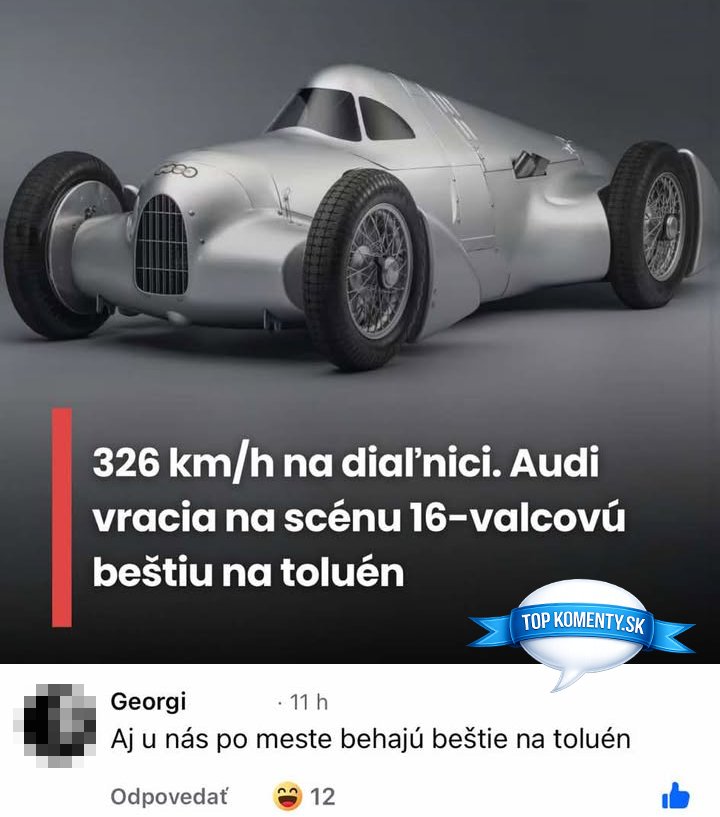 Historický strieborný monopost Audi, 16-valec na toluén, dosahujúci rýchlosť 326 km/h na diaľnici.