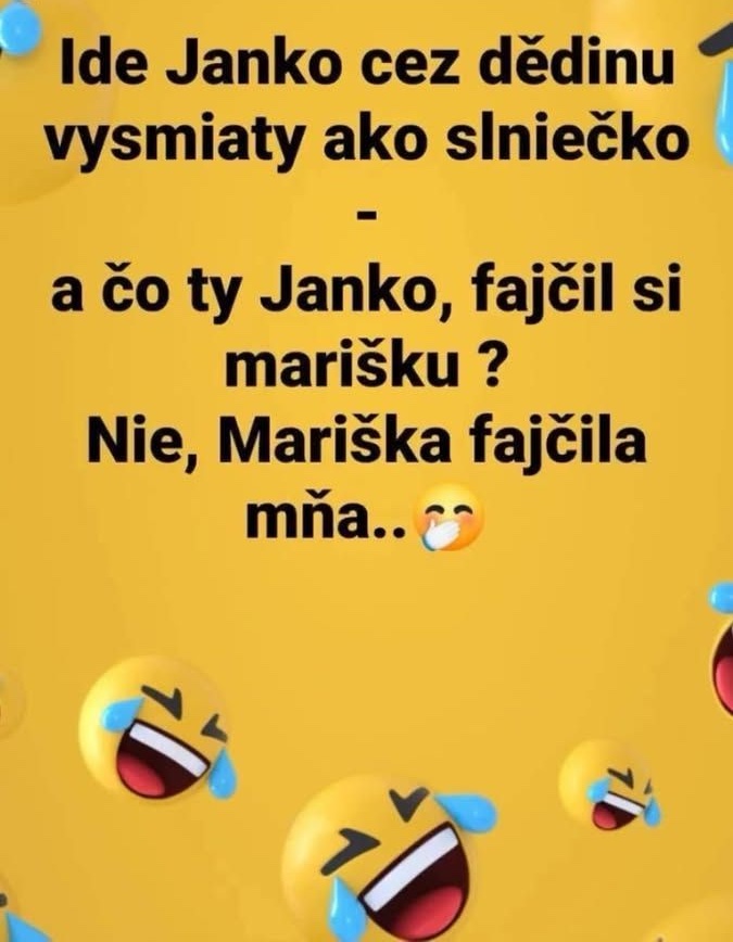 Vtipná textová hláška: Janko a mariška na žltom pozadí s ikonickými emotikonmi smiechu.