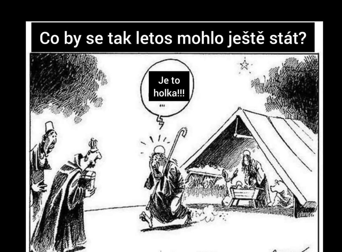 Kreslený vtip zobrazujúci troch mužov pred stajňou, prekvapených oznámením o pohlaví novorodenca.