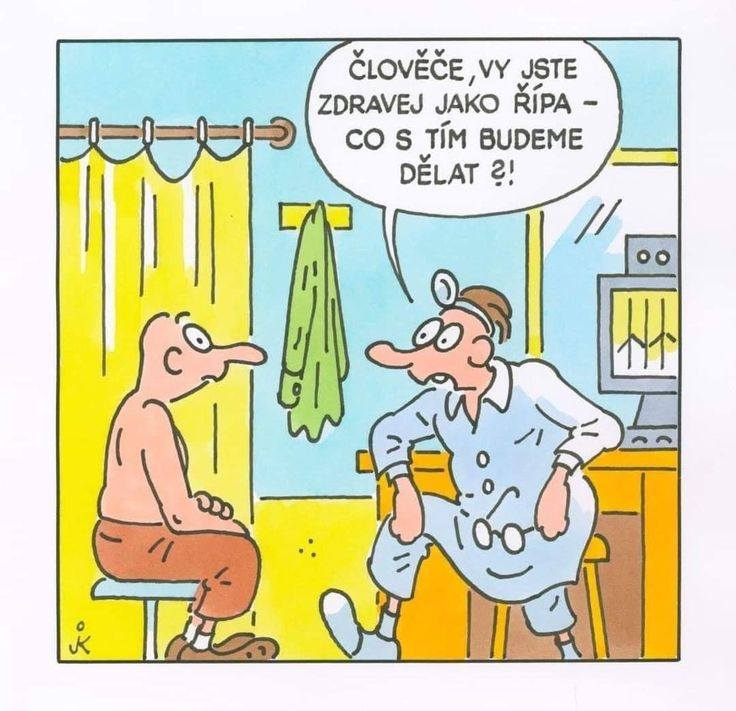 Karikatúra: Lekár hovorí pacientovi, že je zdravý ako repa, vtipná zdravotná kontrola v ordinácii.