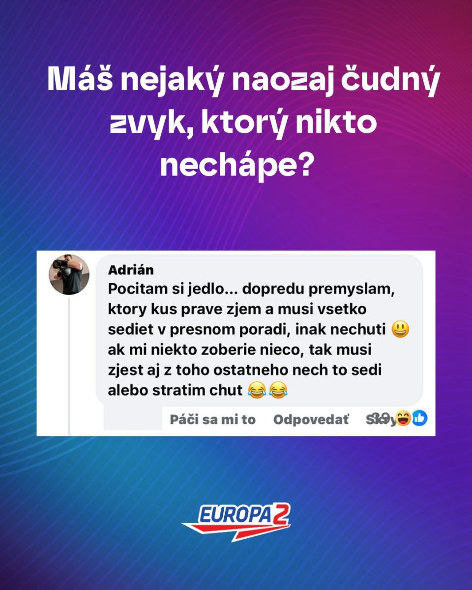 Otázka o zvláštnych zvykoch, s komentárom Adriána o počítaní jedla a presnom poradí na modrofialovom pozadí.