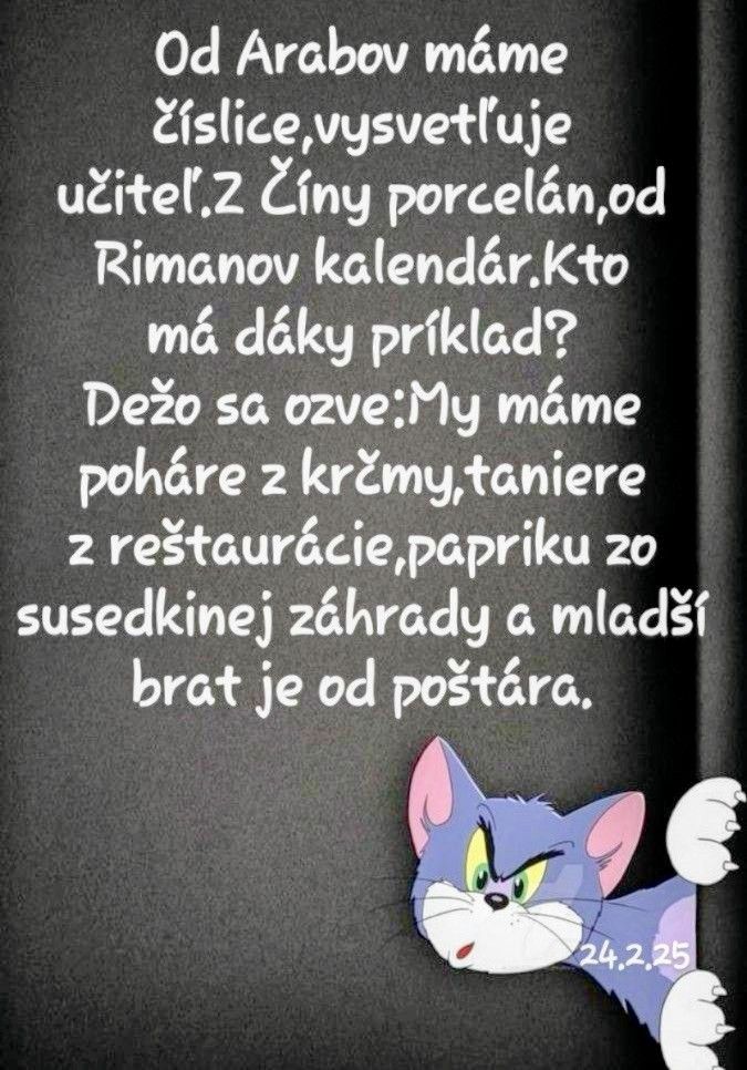 Kreslený kocúr Tom s vtipným textom o pôvode vecí od rôznych kultúr na tmavom pozadí.
