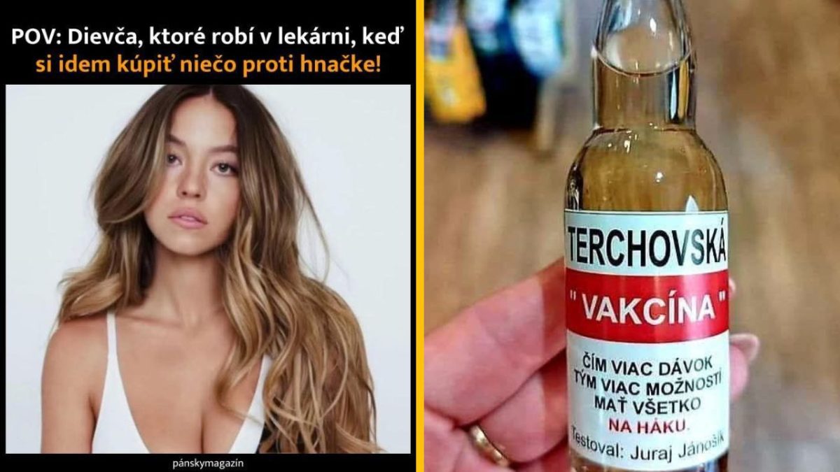 Dievča v lekárni a fľaša s etiketou Terchovská vakcína — žart o lieku na tráviace problémy.