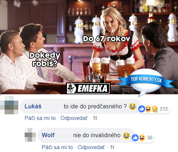 Skupina ľudí v bare s čašníčkou v kroji, žartujúca o práci a dôchodkovom veku.