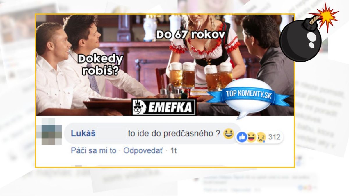 Pivná debata v krčme: Dokedy robíš? Do 67 rokov. Vtipný komentár od Lukáša s emoji.