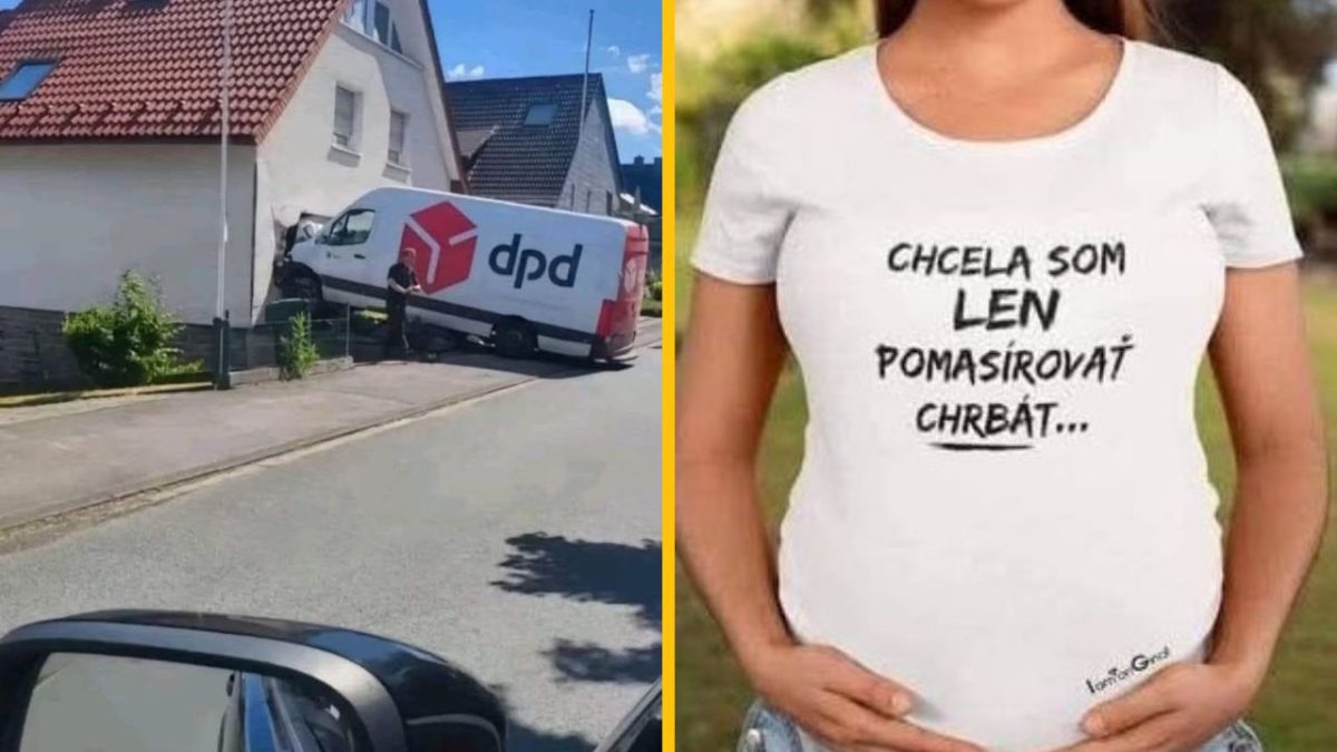 Dodávka narazená do domu a žena s tričkom s vtipným textom Chcela som len pomasírovať chrbát.
