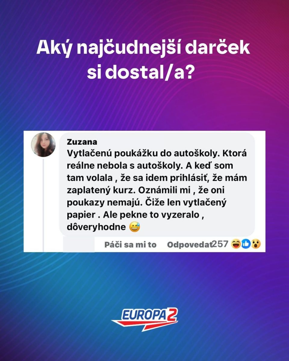 Otázka o najčudnejšom darčeku a odpoveď s príhodou o falošnej poukážke do autoškoly od užívateľky Zuzany.