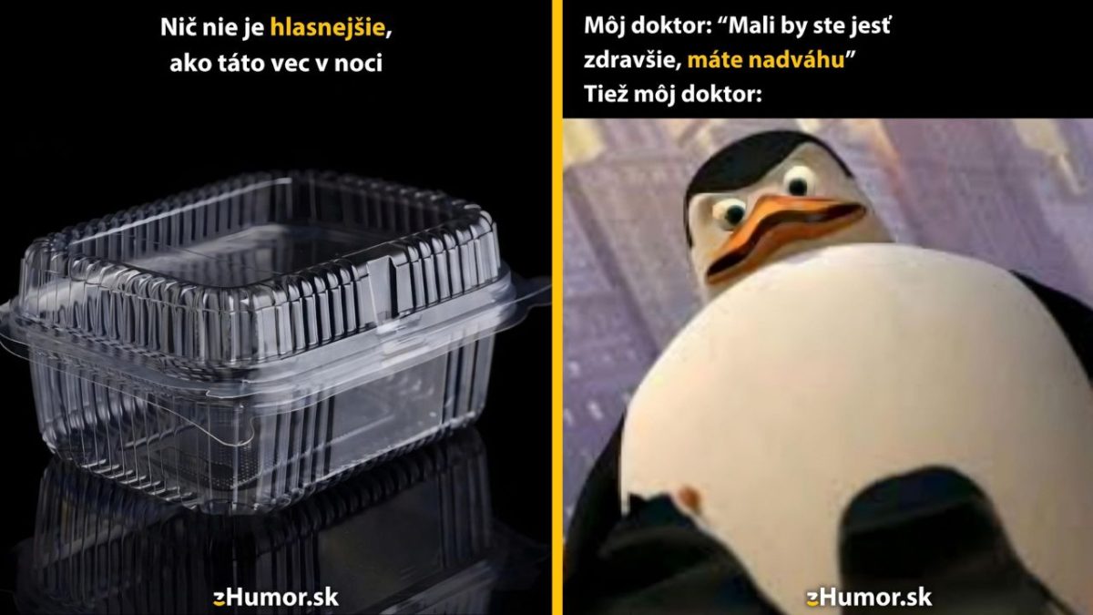 Plastový obal je veľmi hlučný v noci, humorný obrázok zobrazujúci reakciu tučného tučniaka.