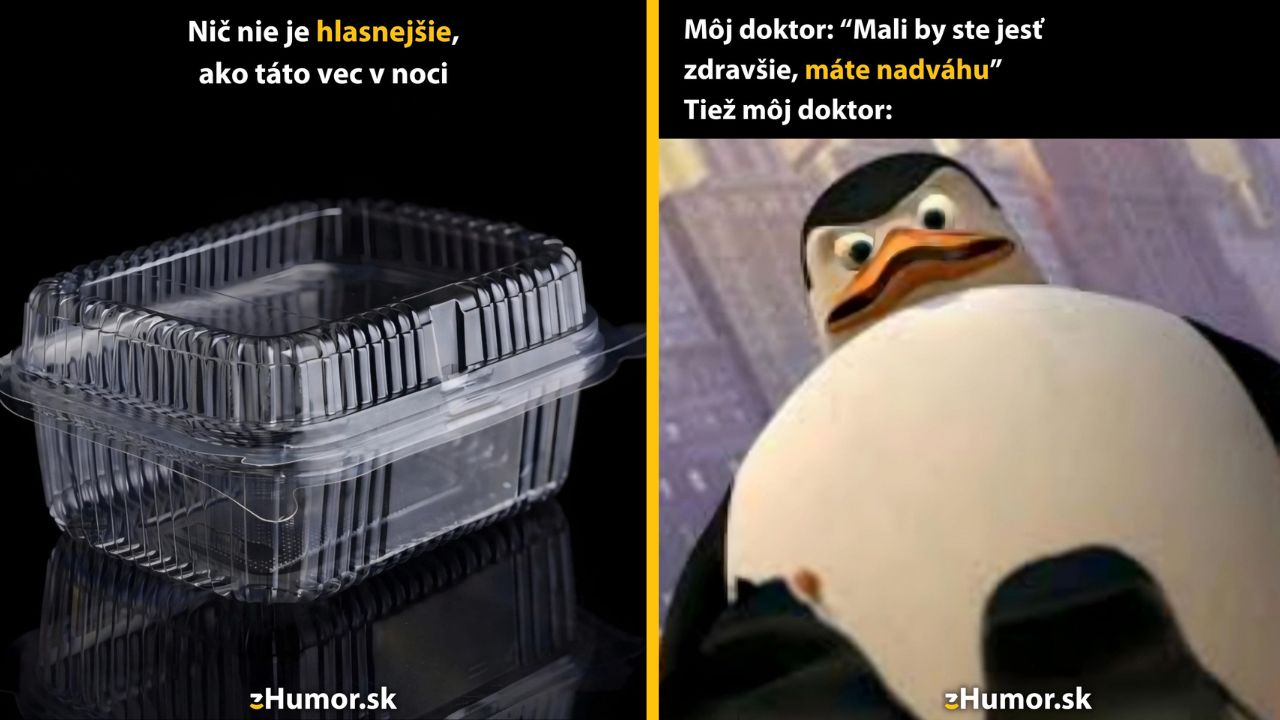 Plastový obal je veľmi hlučný v noci, humorný obrázok zobrazujúci reakciu tučného tučniaka.