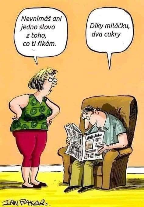 Žena hovorí partnerovi, ktorý číta noviny, nesústredenému na jej slová. Humoristická situácia s dialógom.