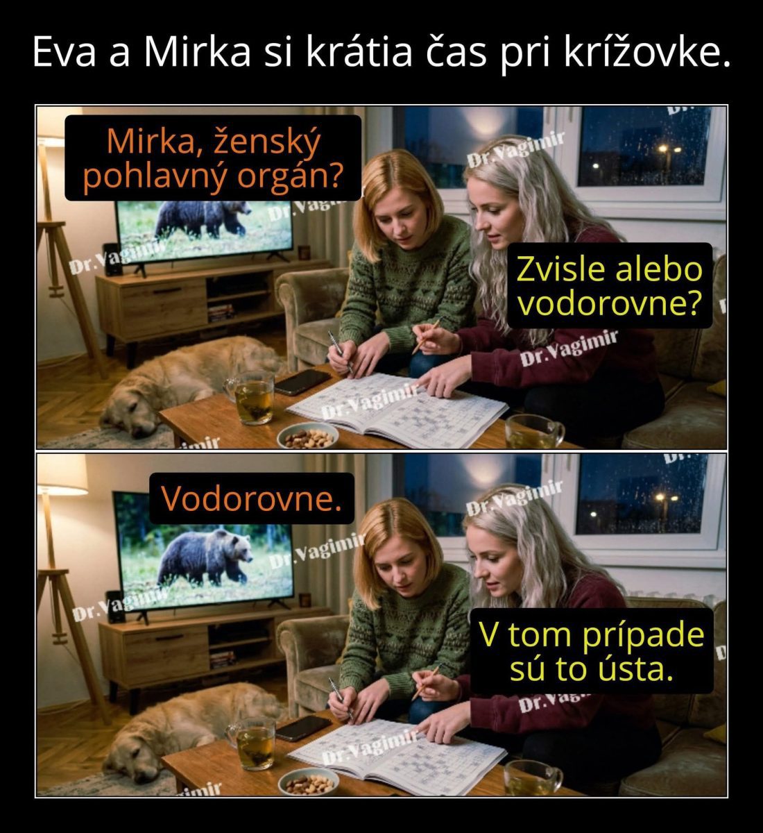 Dve ženy riešia krížovku v obývačke, s humornými textovými bublinami.