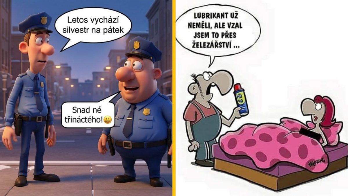 Policajti žartujú o Silvestri v piatok trinásteho, zatiaľ čo muž s WD-40 prekvapí vtipom v posteli.