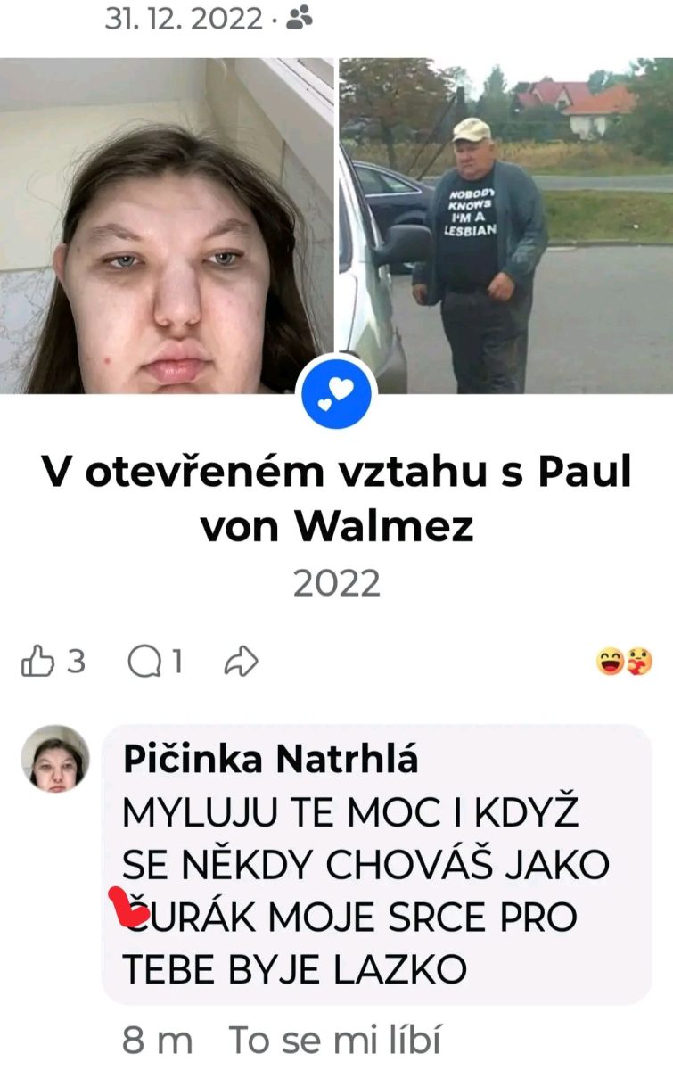 Osoba so selfie naľavo a muž v tričku na pravej strane, komentár vyjadrujúci emotívny vzťah.