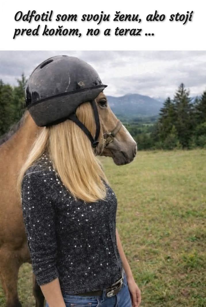 Žena s dlhými vlasmi a koňom v prilbe na lúke s výhľadom na hory.