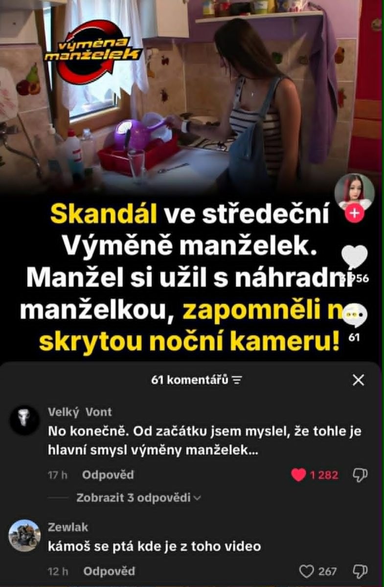 Žena v kuchyni počas natáčania Výměna manželek, titulok o skrytej kamere a komentáre online.