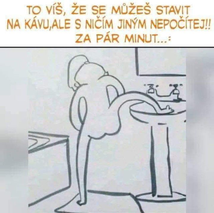 Kreslený obrázok: človek sa ohýba nad umývadlom s textom o rýchlom stretnutí na kávu.