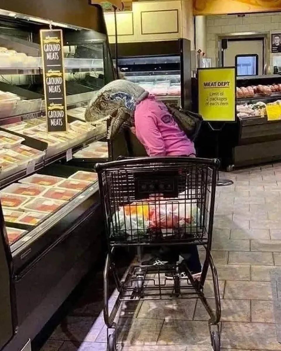 Osoba s maskou dinosaura si prezerá výber mäsa v supermarkete pri nákupnom vozíku.