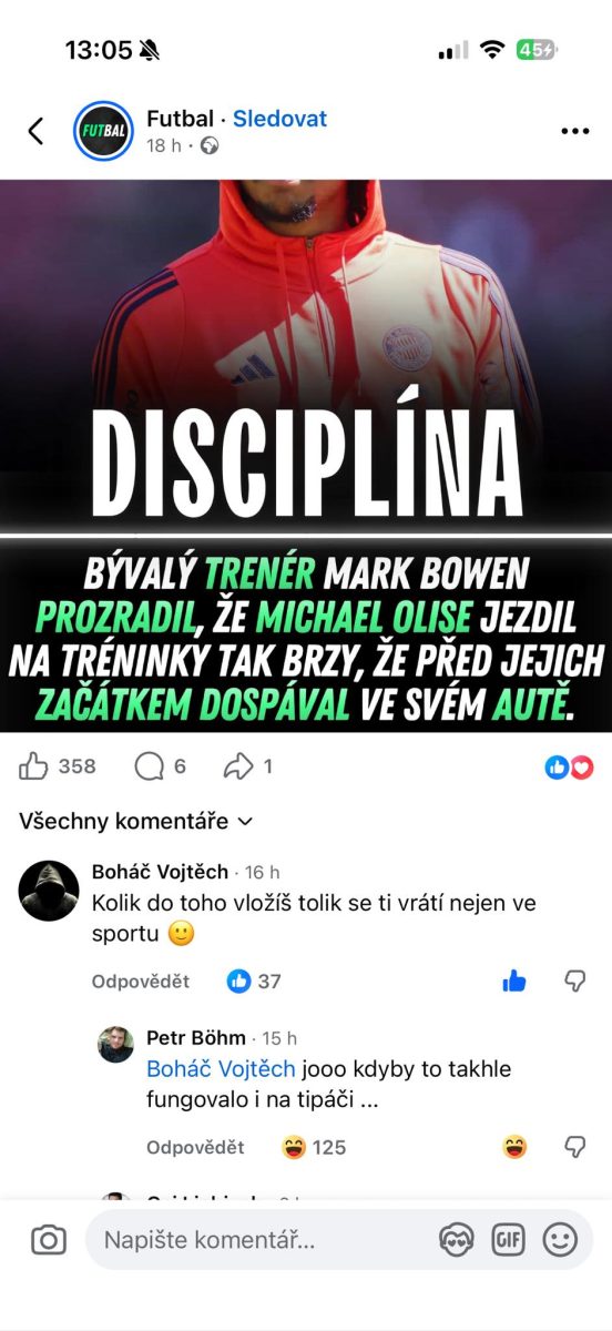 Futbalový príspevok na sociálnej sieti s dôrazom na disciplínu a tréningový režim Michaela Oliseho.