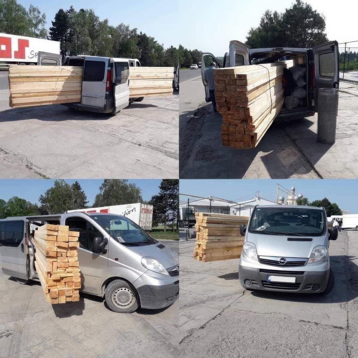 Dodávka naložená drevenými doskami tak, že presahujú z oboch strán. Bezpečná preprava dreveného materiálu.