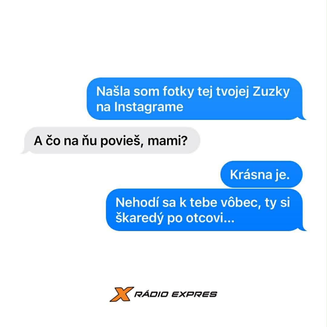 Textová konverzácia, kde mama komentuje synovu priateľku zo sociálnych sietí s humorom a iróniou.