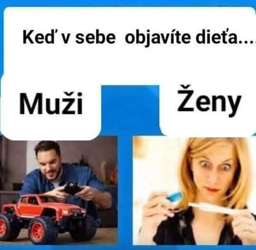 Muž so zábavným autíčkom a žena s prekvapeným výrazom a tehotenským testom, text porovnáva mužov a ženy.