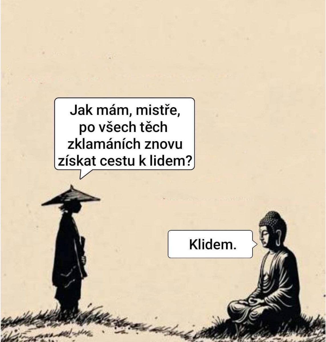 Muž sa pýta na radu, ako získať dôveru ľudí, odpoveď je pokoj. Minimalistická scéna s lekciou múdrosti.