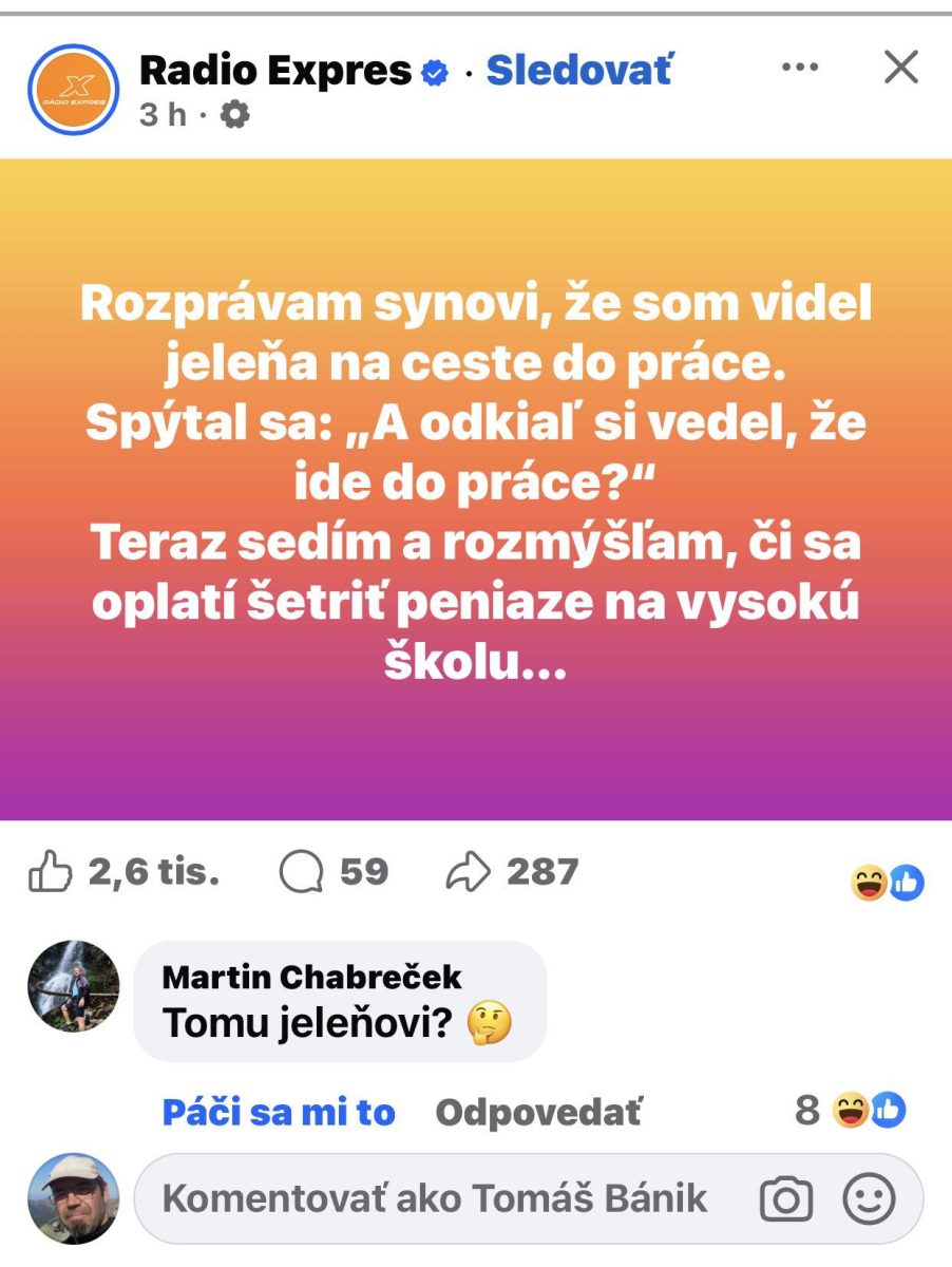 Meme s vtipom o jeleňovi a synovej reakcii, premýšľanie o úspore peňazí na vysokú školu.
