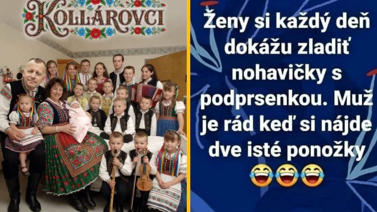 Rodina v krojoch a vtipný text o rozdiele v ženskej a mužskej zladení oblečenia.