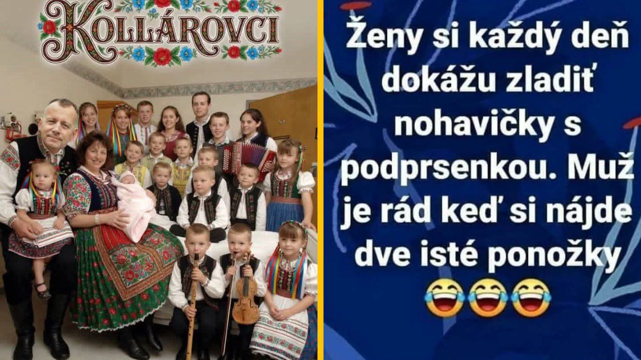 Rodina v krojoch a vtipný text o rozdiele v ženskej a mužskej zladení oblečenia.