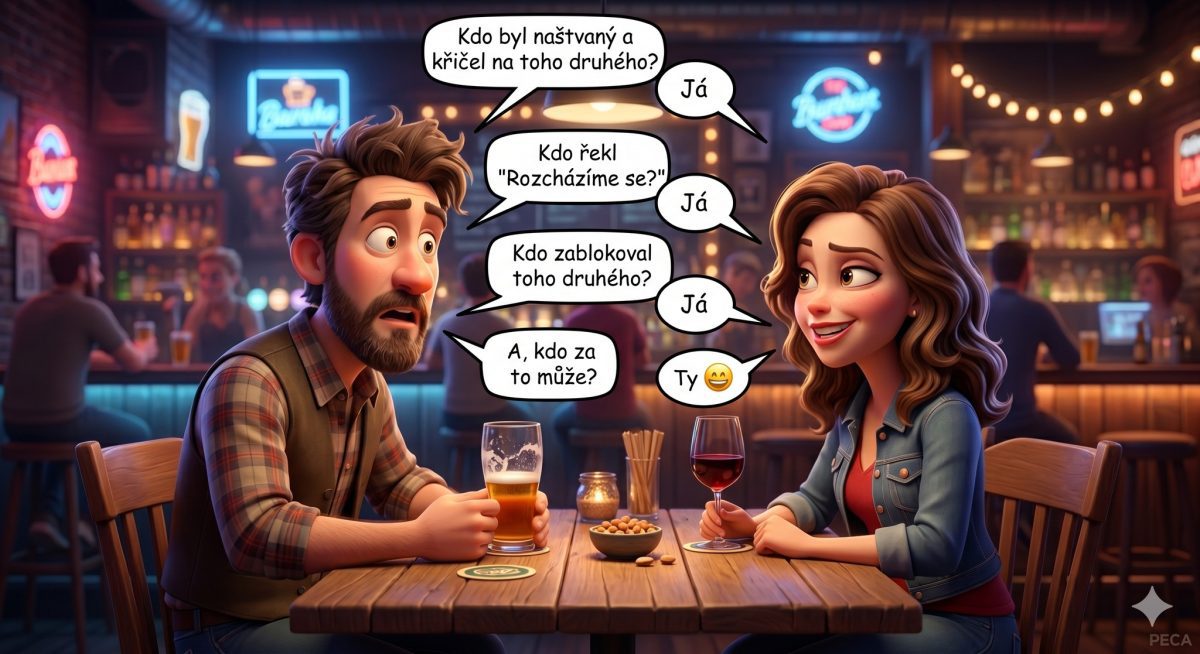 Dva animované postavy diskutujú v bare, obklopené drinkami a neónovými svetlami.