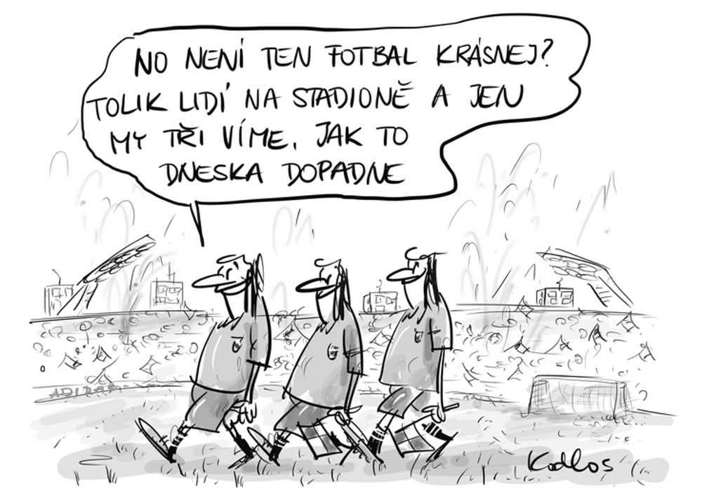 Karikatúra futbalového zápasu s hráčmi diskutujúcimi o tom, ako len oni vedia, ako zápas dopadne.