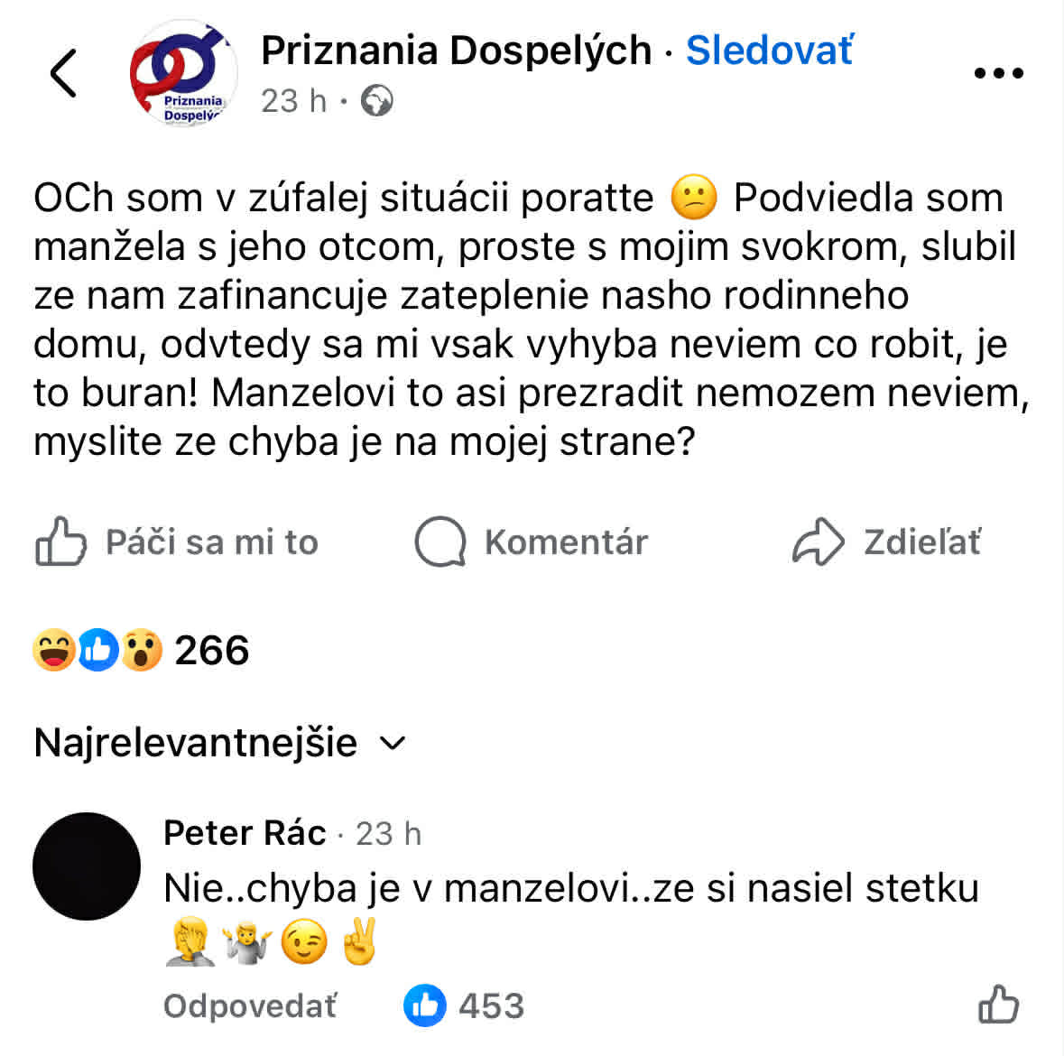 Žena hľadá radu kvôli situácii so svokrom, manžel netuší. Diskusia na sociálnej sieti vyvoláva rôzne reakcie.