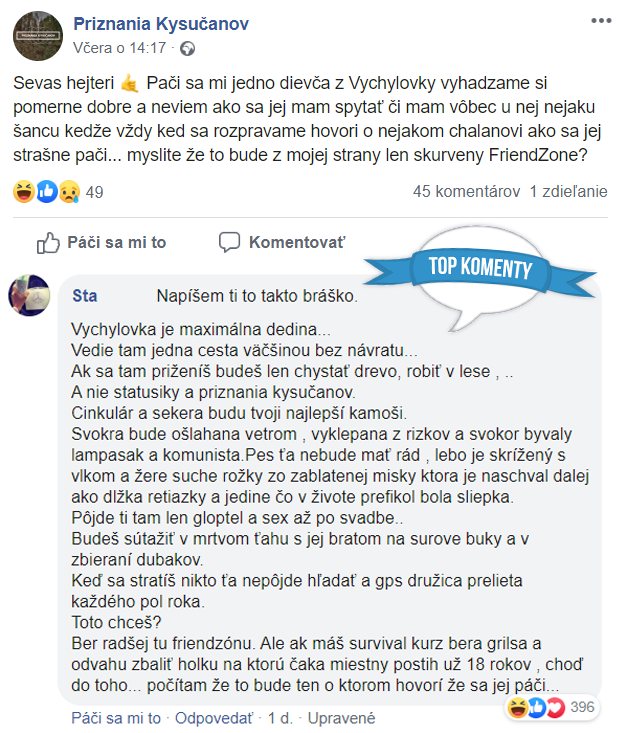 Žartovný post na Facebooku o dedine Vychylovka a vzťahových radách so zábavnými komentármi.