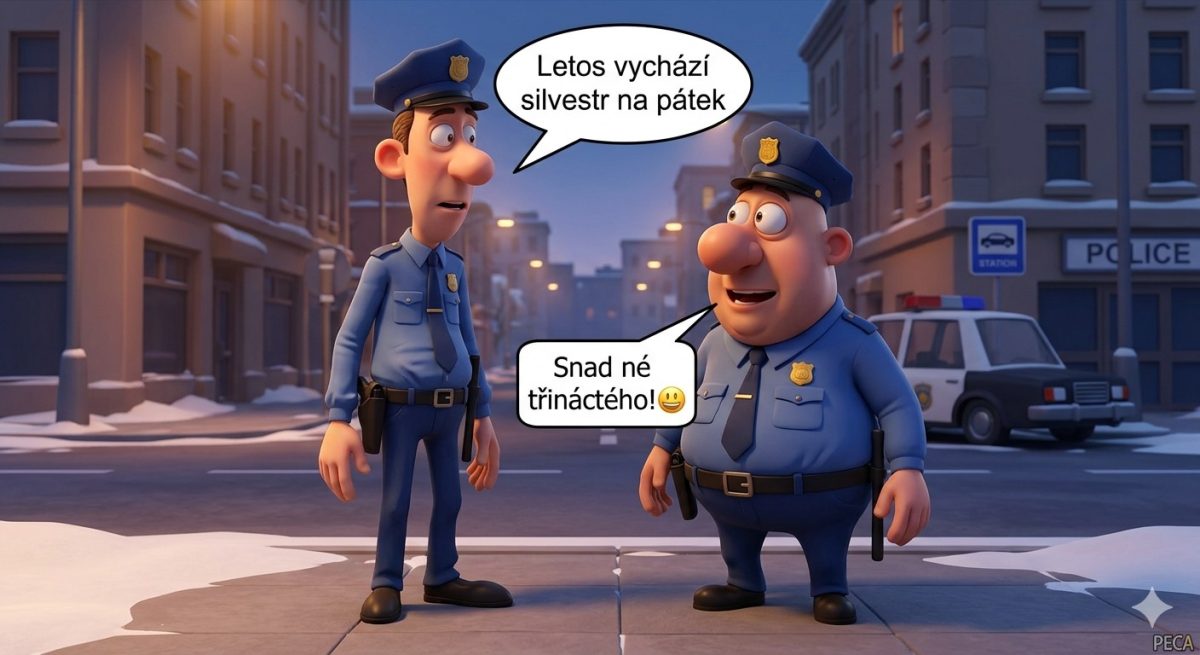 Dva animované postavy policajtov s vtipnou bublinou na zimnej ulici pred policajnou stanicou a autom.