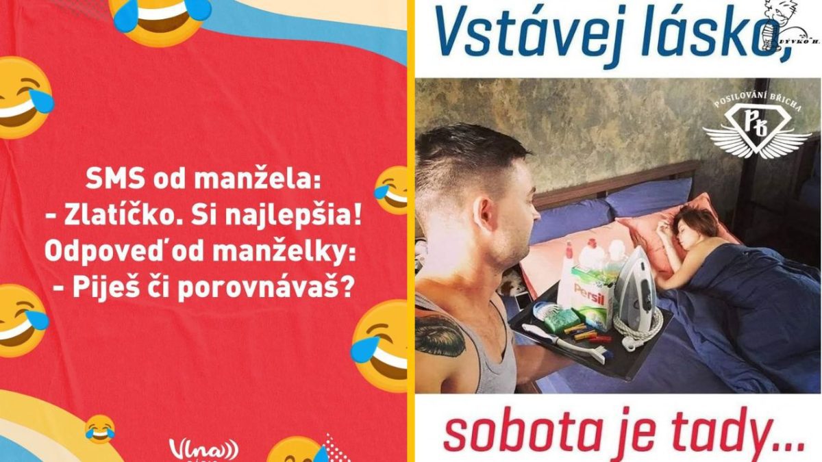 Muž s raňajkami pre spiacu ženu a vtipný textový dialóg o pití a porovnávaní.