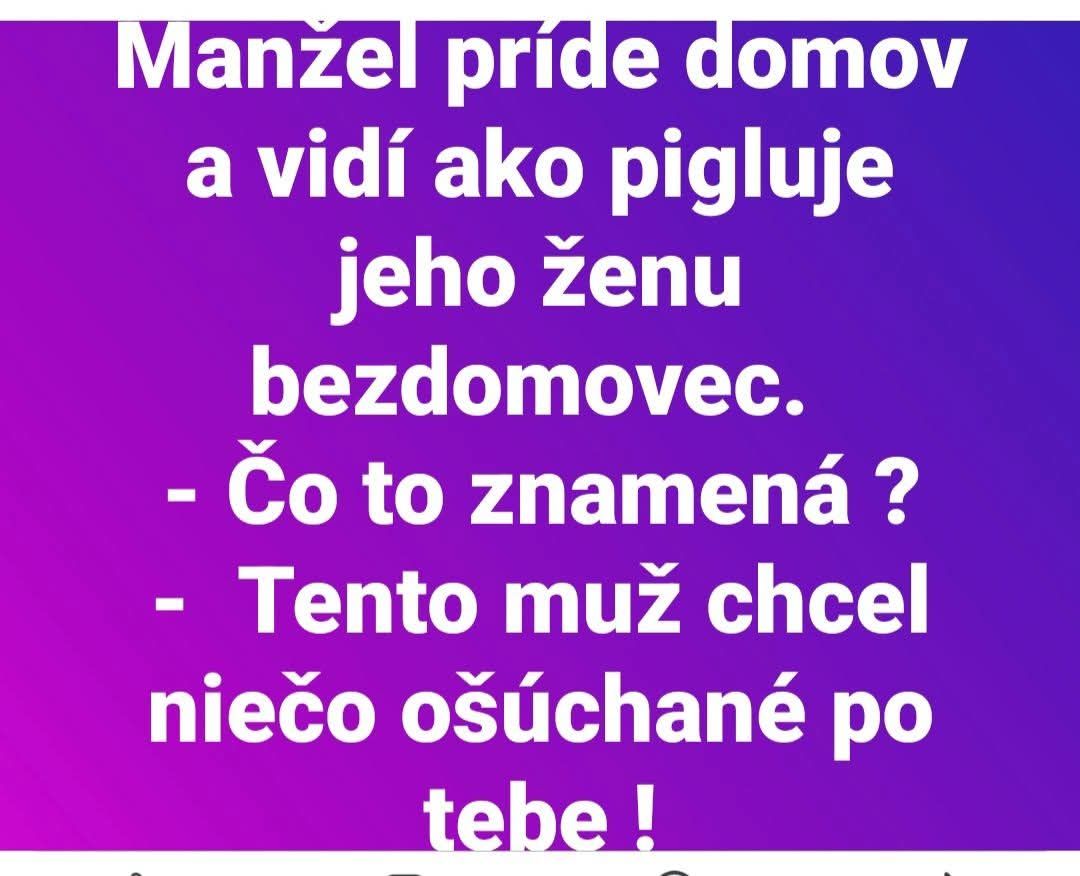 Zábavný text o manželovi, žene a bezdomovcovi na fialovom pozadí. Krátky vtip pre odľahčenie nálady.