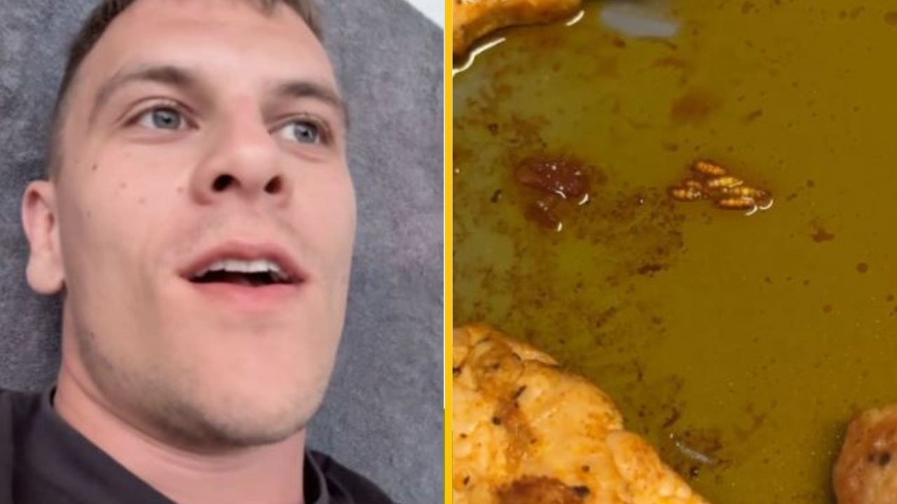 Osoba s prekvapeným výrazom vedľa taniera s jedlom.