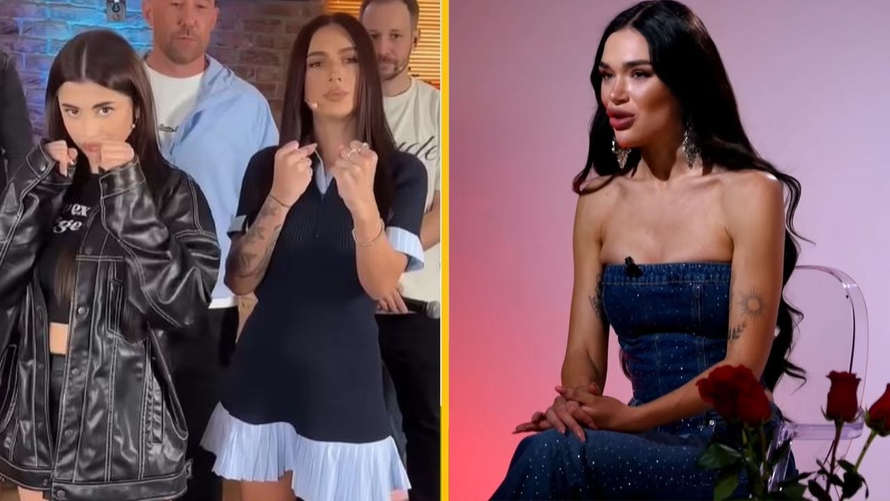 Skupina mladých ľudí pózuje na fotení; žena vpravo sedí v džínsových šatách.
