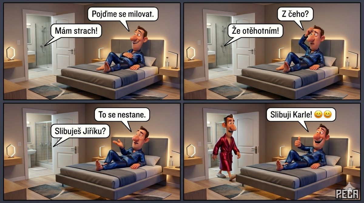 Muž v posteli vtipne diskutuje o obavách s partnerom v komiksovom štýle.