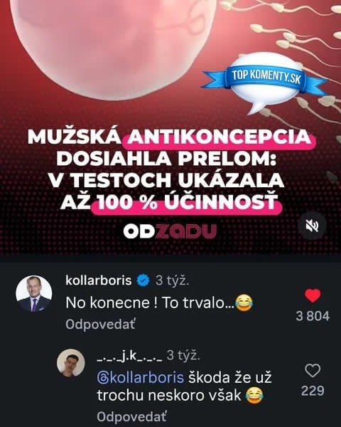 Obrázok diskutuje o prelomovej 100% účinnej mužskej antikoncepcii s vtipnou reakciou v komentároch.