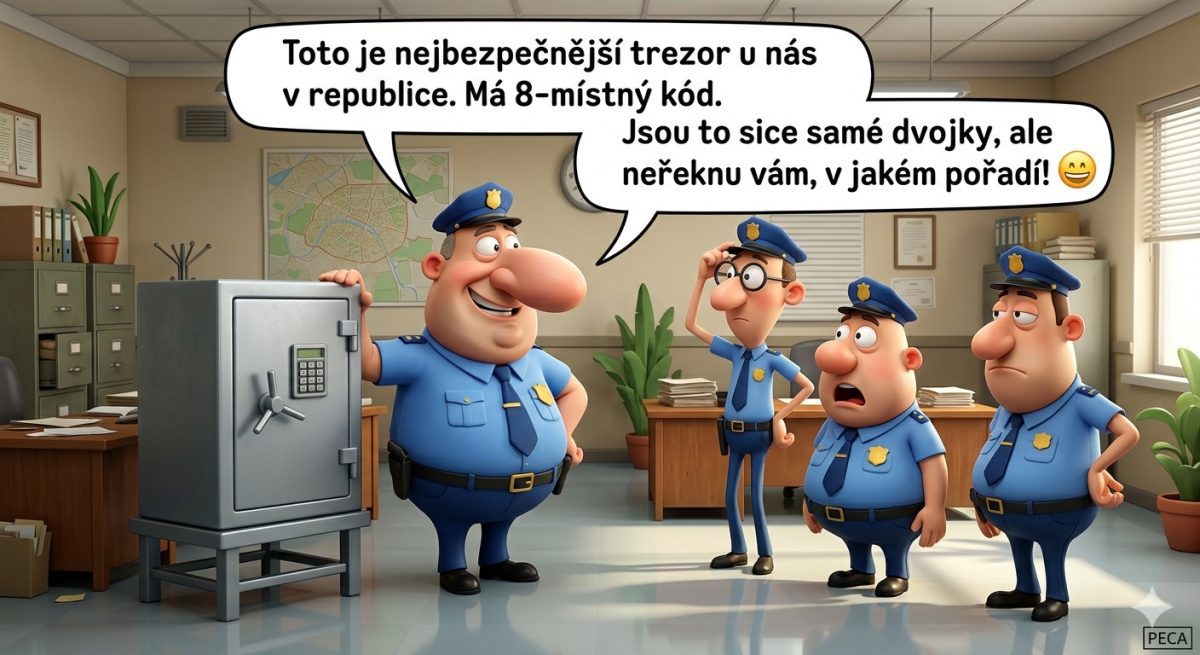 Policajt ukazuje trezor s 8-miestnym kódom, zatiaľ čo ostatní policajti počúvajú v kancelárii.