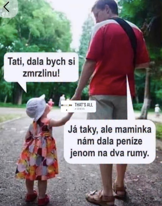 Muž a dieťa na prechádzke v parku vedú vtipný rozhovor o zmrzline a peniazoch od mamy.