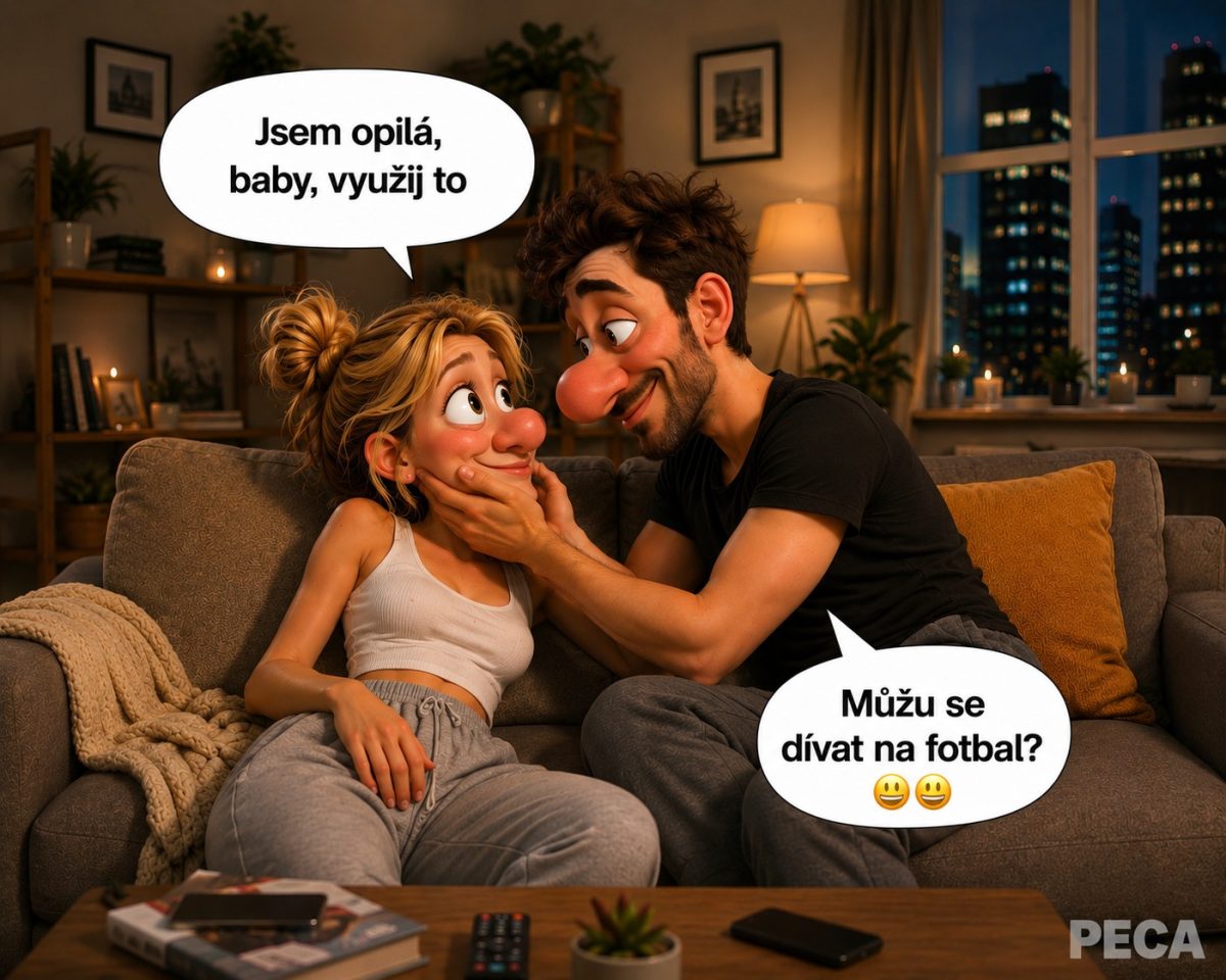 Pár sedí na gauči, žena žartuje, muž s úsmevom pýta povolenie na sledovanie futbalu.