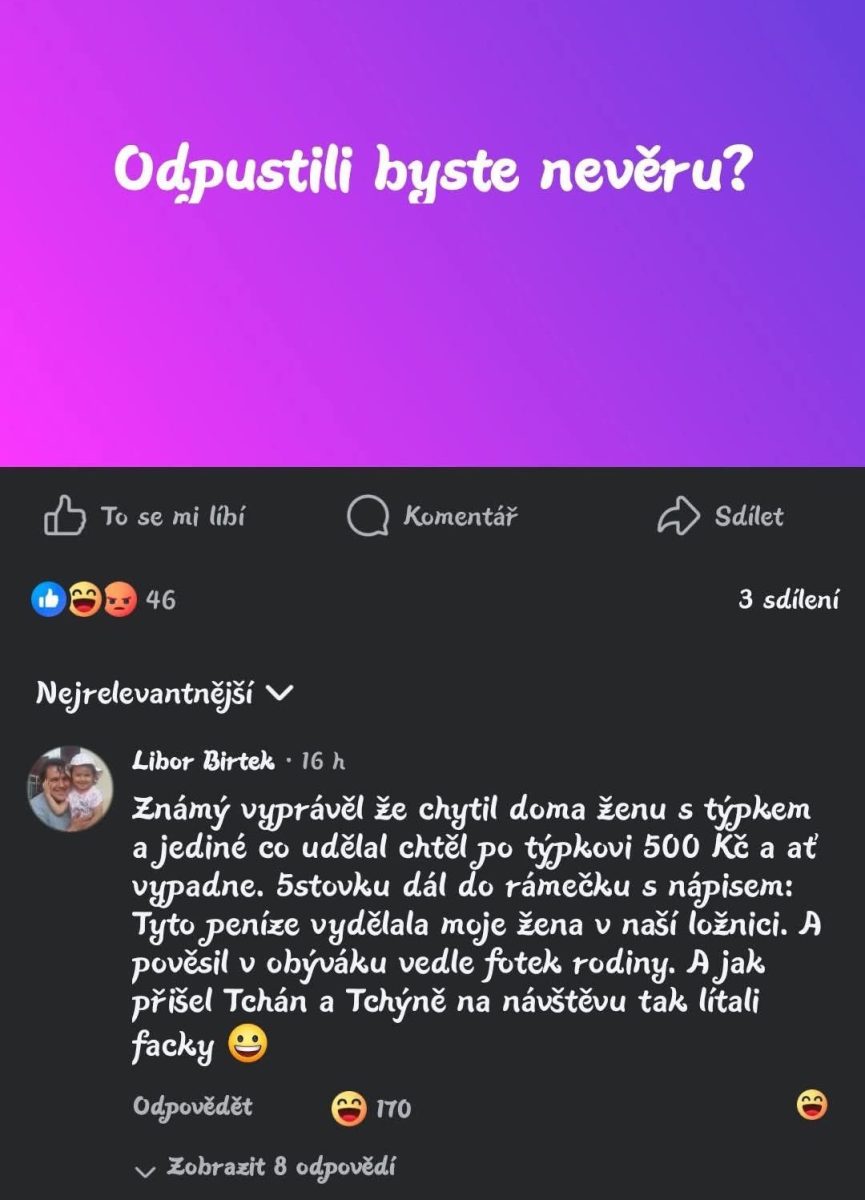 Otázka o odpustení nevery na sociálnej sieti s vtipným komentárom o reakcii na neveru.