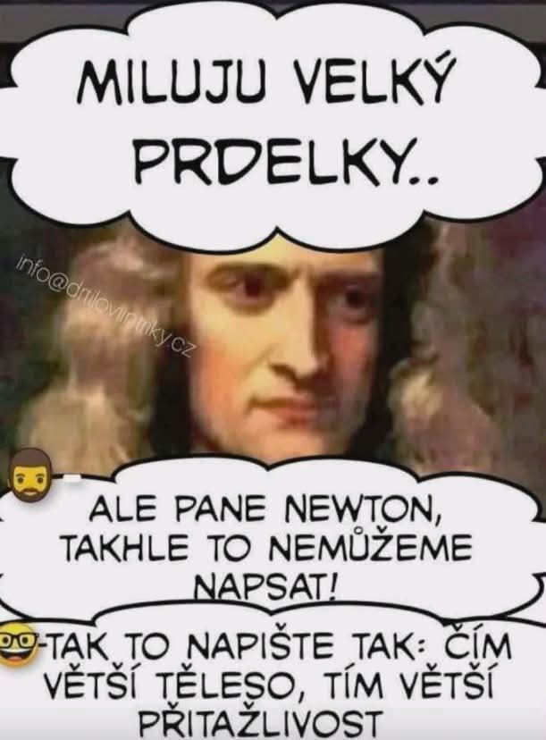 Odborník vtipne komentuje teóriu príťažlivosti veľkých predmetov, paroduje Newtonov zákon gravitácie.