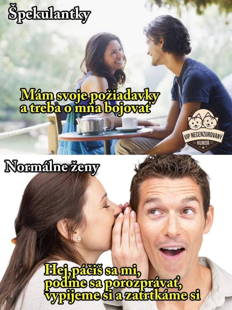 Špekulantky vs. normálne ženy: rozdiely v prístupe k vzťahom, humoristická ilustrácia rozhovorov.