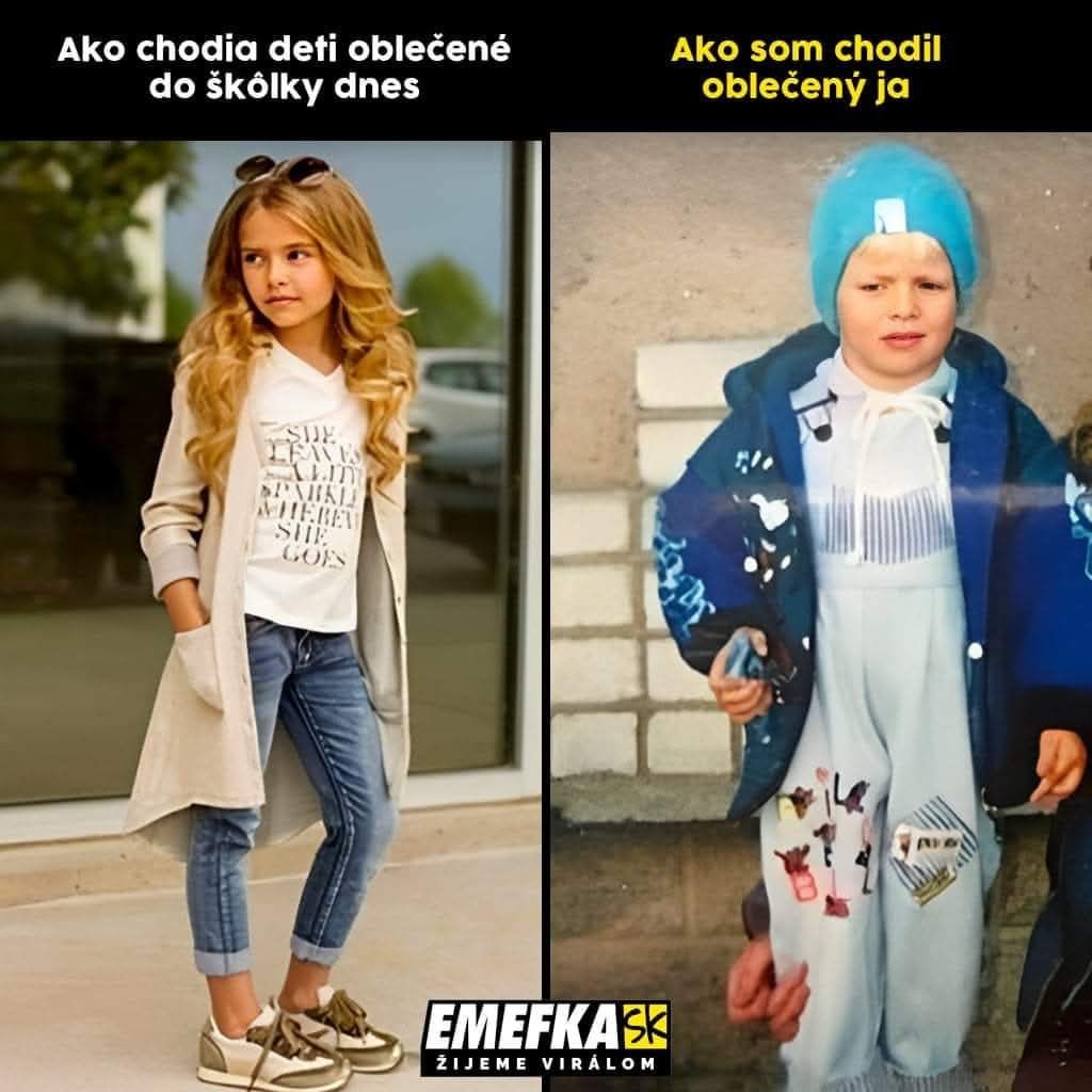 Porovnanie detského oblečenia: moderné štýlové dievča a nostalgický retro outfit z detstva.