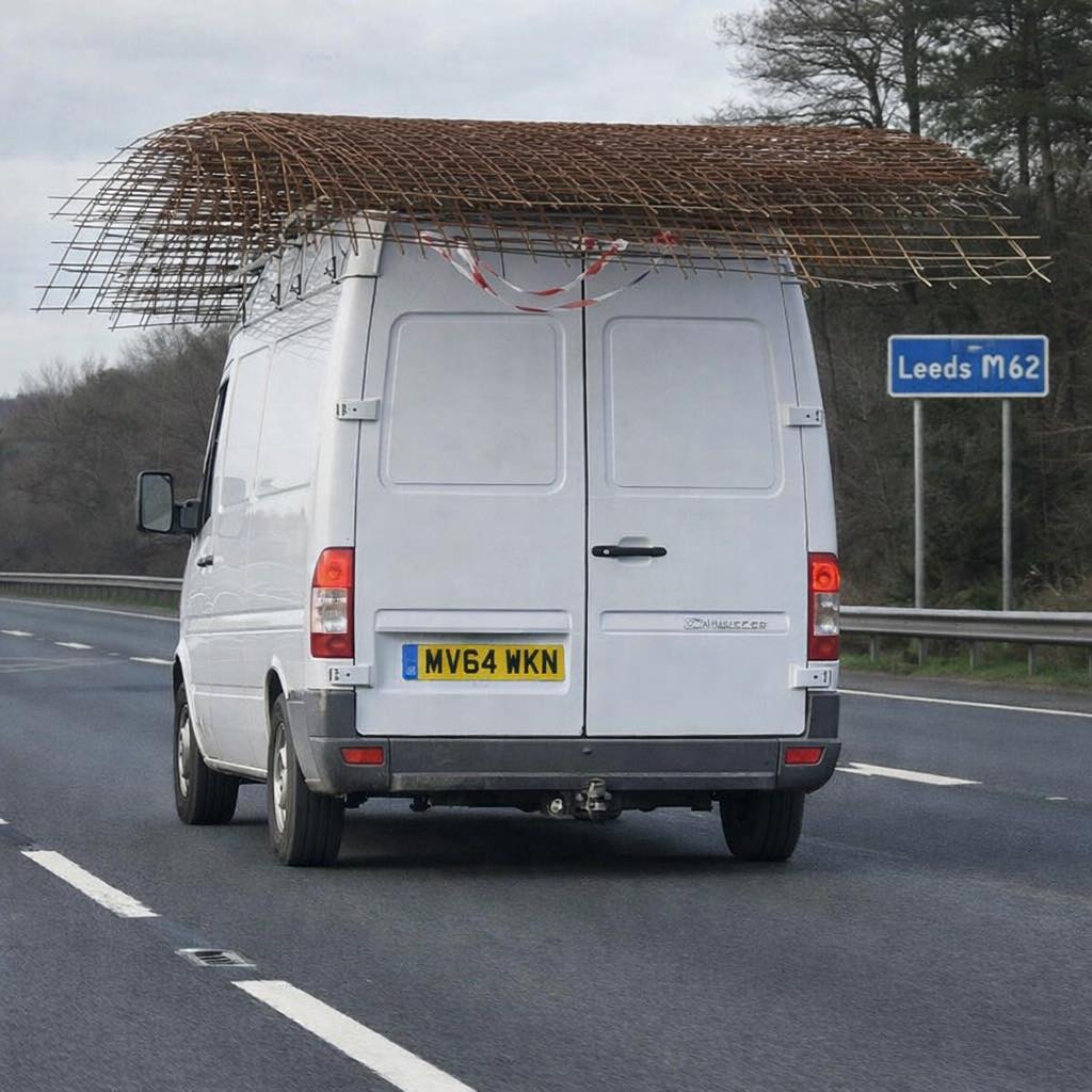 Dodávka prevážajúca kovovú mrežu na diaľnici M62 smer Leeds.