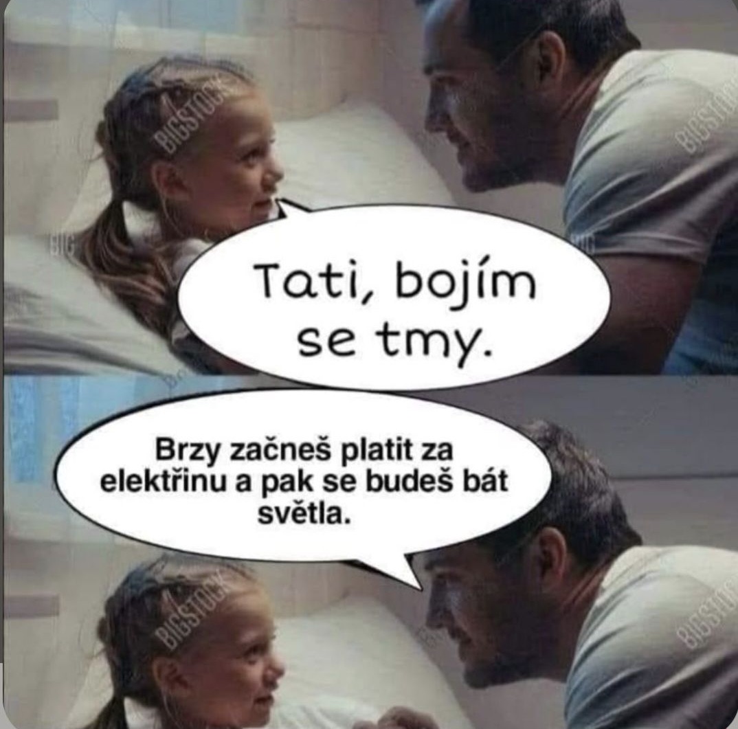 Otec upokojuje dcéru, ktorá sa bojí tmy, vtipom o platení elektriny a strachu z svetla.